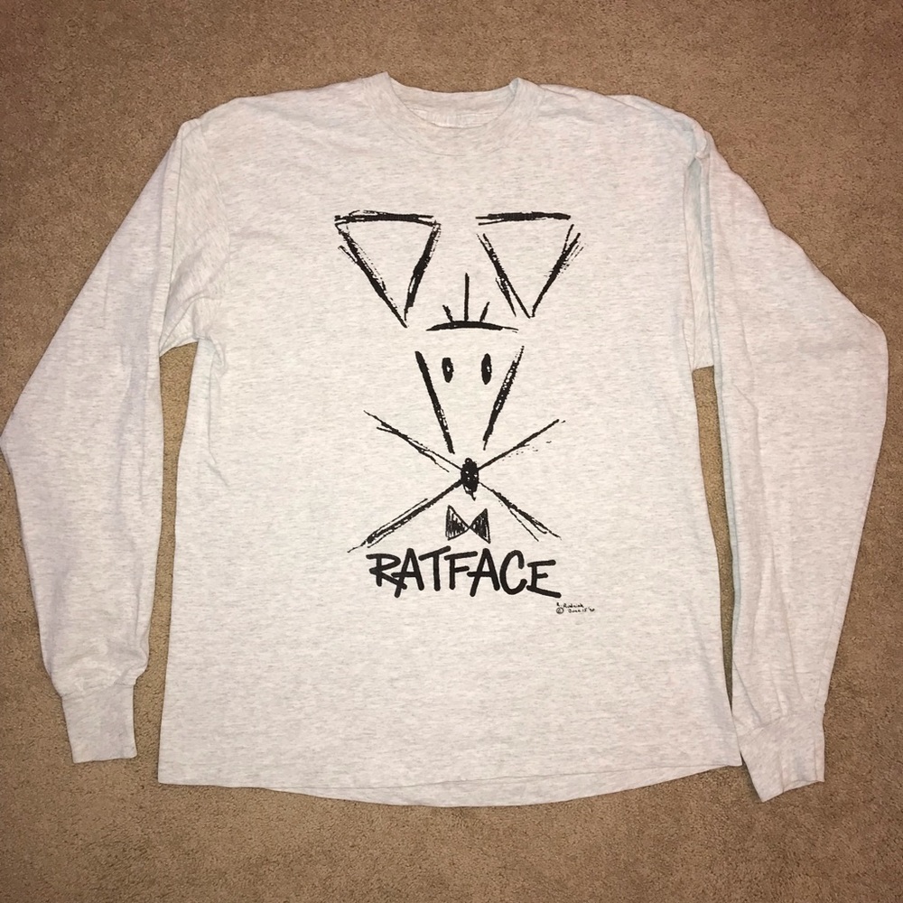 Vintage 1990 Rat Face Graphic Tee Size L Grey Single Stitch Unisex Long Sleeve